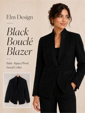 Elm Design Black Boucle Baby Alpaca Wool Sophisticated Blazer Stand‎ Up Collar